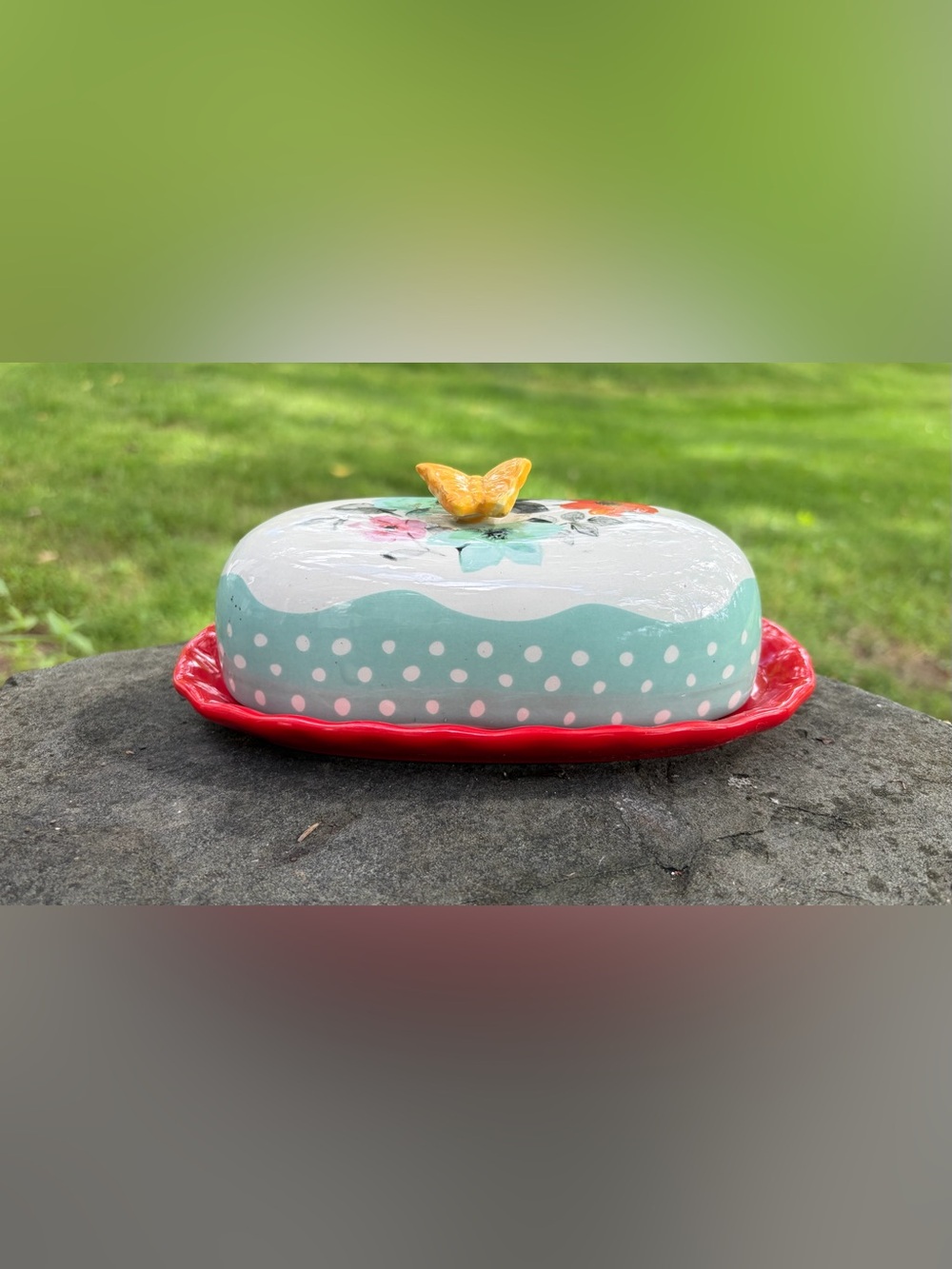 Butter Dish Pioneer Woman Flea Market Butterfly Stoneware Floral Lid Red Base